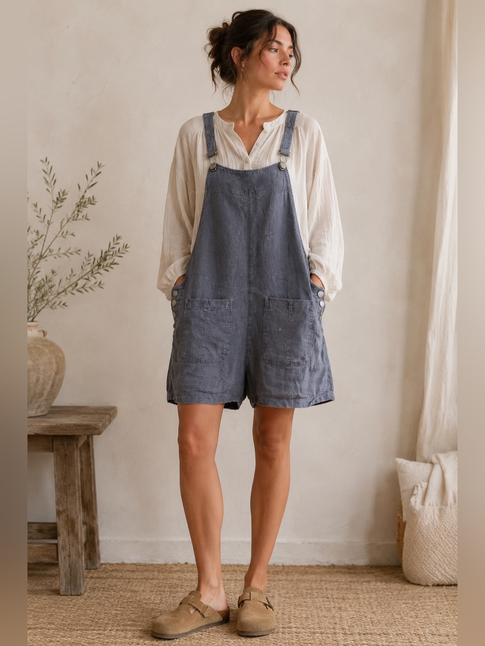 Roxy Linen Blend Boho Overall Romper Blue Gray Lagenlook Shortalls XL